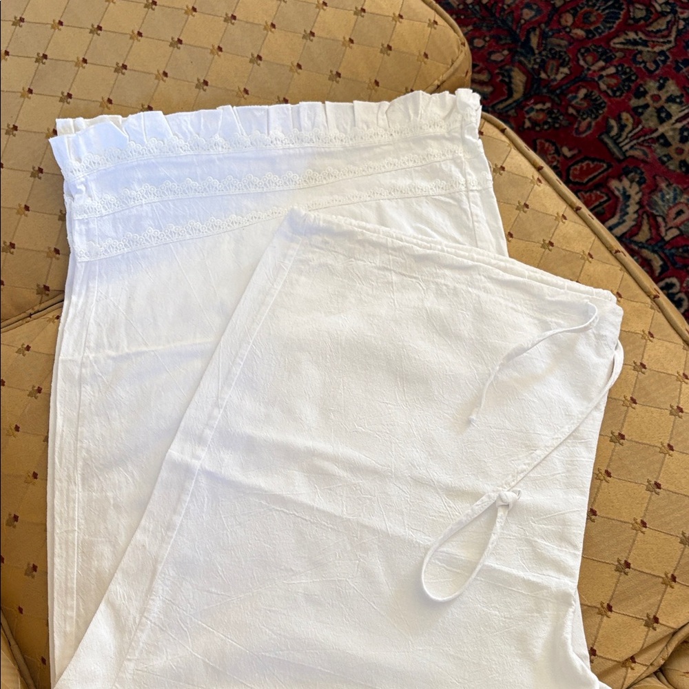 MISSLOOK White Cotton Wide-Leg drawstring pants cutest ruffle trim hem xl